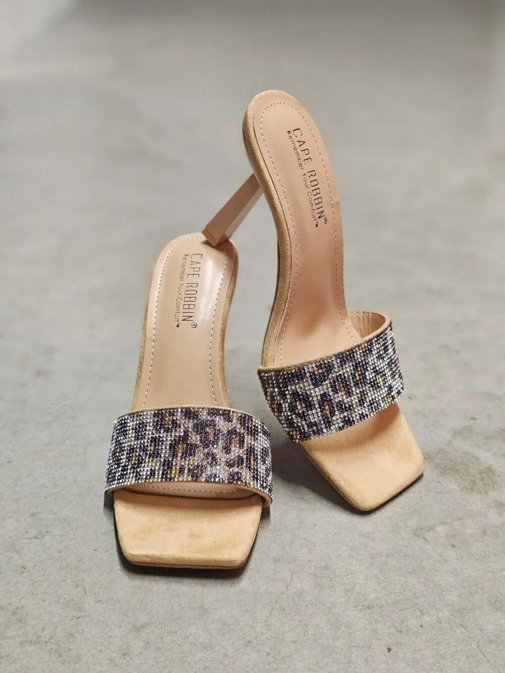 Beaded Leopard Print Square-Toe Open Heels With Stiletto Heel Design